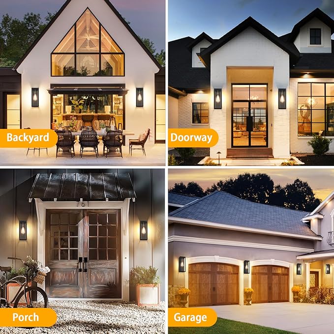 9.5'' Small Outdoor Exterior Wall Lights for House 2Pack, Waterproof Matte Black Outdoor Front Porch Lights with Tempered Glass, Outside Lighting Fixtures Garage Sconces Wall Mount, Bulb Not Included