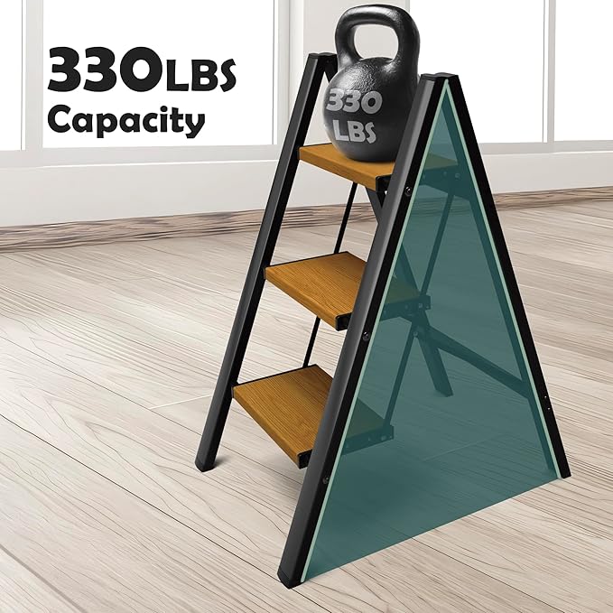 Taranta 3 Step Ladder,Aluminum Lightweight Folding 3 Step Stool with Anti-Slip Wide Pedal, 330lbs Capacity Step Ladder for Household,Kitchen,Office - BlackWoodgrain