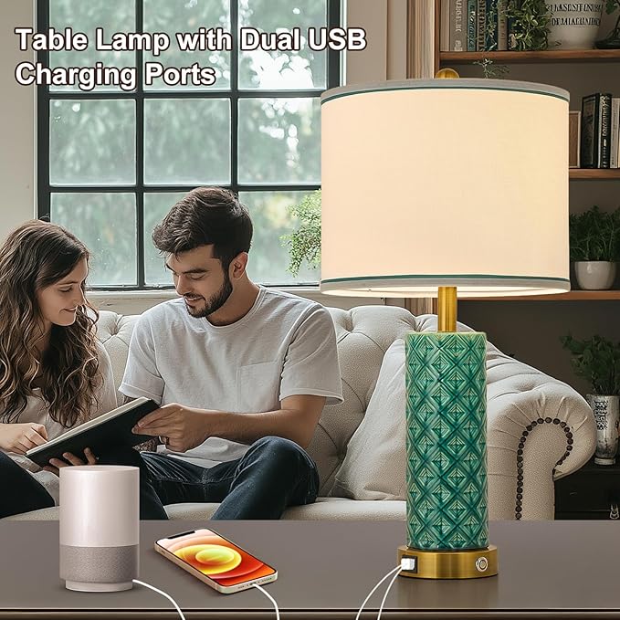 Set of 2 Table Lamp for Living Room Bedroom Farmhouse,26'' Touch Control Bedroom Turquoise Ceramic Lamps 3-Way Dimmable Bedside Lamps with USB A+C Ports Linen Shade for Home