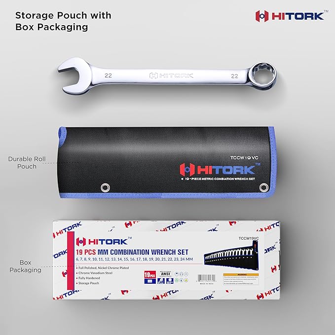 HITORK 19 Piece Metric Combination Wrench Set (6–24mm) Cr-V Steel Mirror Chrome Finish 12-Point Box End, 15° Offset, Roll-Up Pouch – Durable Open End Wrench Set for Home, Garage & Auto Repair