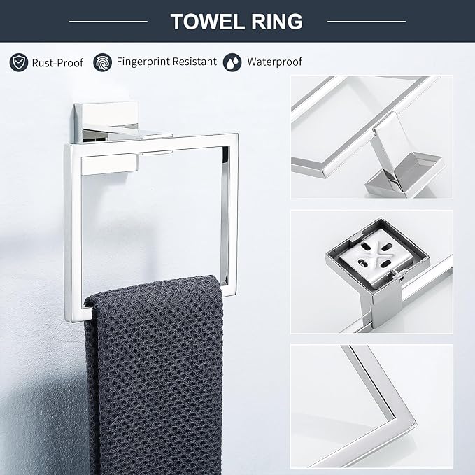 TQKAG 6-Piece Bathroom Towel Bar Sets Polished Chrome 23.6 inch Towel Bar Stainless Steel Towel Ring Coat Hook and Toilet Paper Holder Bathroom Hardware Set Wall Mounted Bathroom Accessories Kit