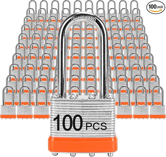 Padlocks with Same Key, LQYN 100 Pcs Laminated Keyed Padlock (1-9/16", 40mm), Keyed Alike Locks, Long Shackle, for Storage Locker, Hasp Latch, Toolbox, Sheds