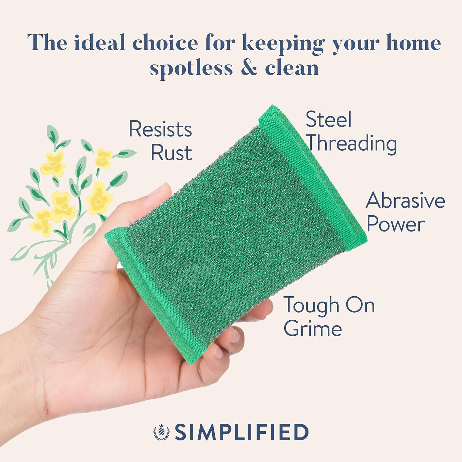 Simplified 6-Pack Steel Scouring Sponges with Rust Resistant Stainless Steel Threading for Home and Kitchen Cleaning Supplies, Heavy Duty Cleaning Sponge for Kitchen & Bathroom, Navy/Yellow