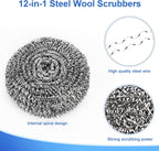 12Pack Upgraded Steel Wool Scrubbers - Premium Stainless Steel Scrubber, Metal Scouring Pads, Steel Wool Pads, Kitchen Cleaner, Heavy Duty Cleaning Supplies - Especially for Tough Cleaning