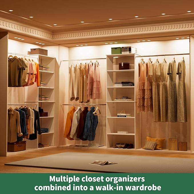 Closet System, 25.5" Wide Closet Organizer System with 3 Hanging Rods, Wood Tower Closet Storage for Walk In Closets, Wall Mounted Wardrobe Organizer Kit, Bedroom, Fit Space 6-10 ft, White