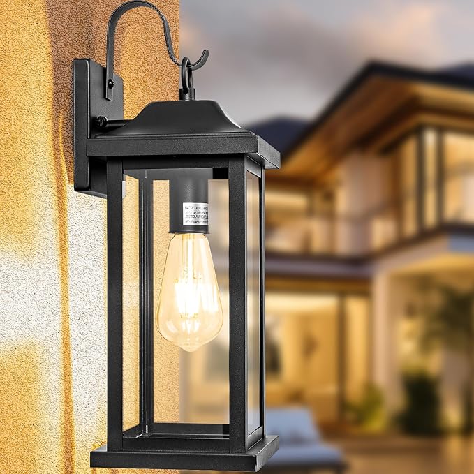 Large Black Outdoor Wall Light 17 Inch, Exterior Light Fixture with IP65 Waterproof Clear Glass, Modern Outside Wall Sconce Porch Light for Front Door Backyard, Wall Mounted Lamp E26 Base
