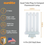 Sunlite 40531 FML27/65K/2PK Quad Tube Plug-in Compact Fluorescent Lamp, FML 4-Pin, 27 Watts, 1500 Lumens, 6500K Daylight, 4-Pin (GX10q4) Base, 120 Volts, 2 Pack