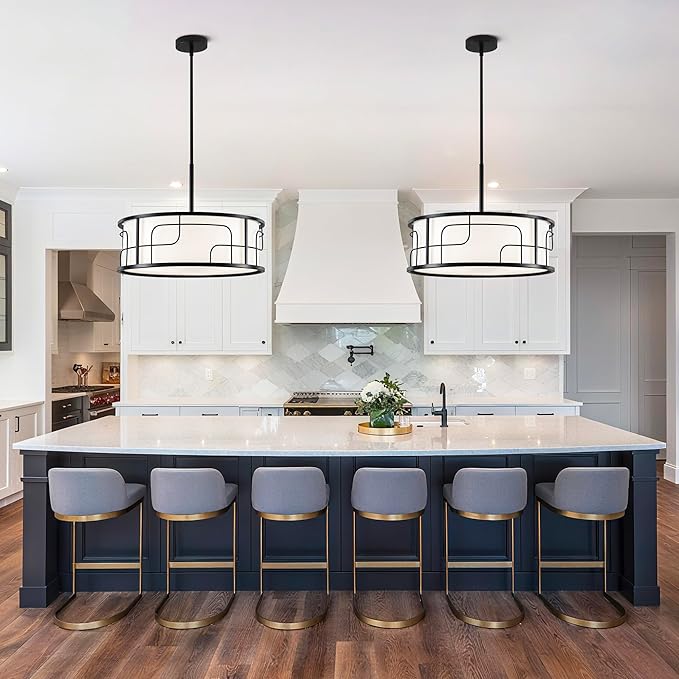 Drum Chandelier - Black and White Linear Design Adjustable Pendant Light for Dining Room, Kitchen Island, Living Room, Foyer (19.68", 5 Lights)