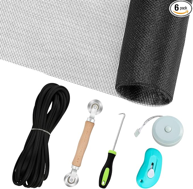 Windows Screen Replacement and Screen Door Repair Kit, 6Pcs Window Screen Fiberglass Mesh Kit - Window Screen & Screen Door Mesh & Screen Porch Repair Kit (Black, 59" x 106")