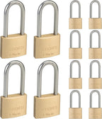 12-Pack Keyed Alike Locks with Key# 44123, Solid Brass Padock with 304 Stainless Steel Long Shackle, Weatherproof Locks for Outdoor Use