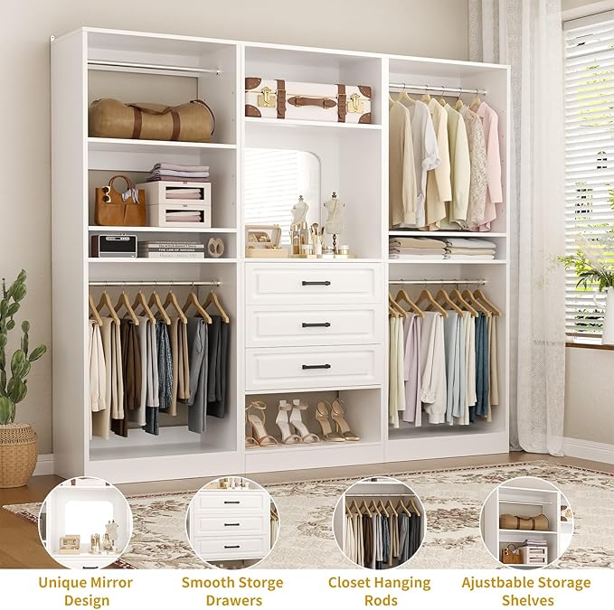Unikito 75" Modular Closet Organizer System with Mirror & Drawers, 3-in-1 Freestanding Wardrobe Tower with Adjustable Shelves & Hanging Rods, Heavy-Duty Bedroom Storage for Walk-in Closets, White