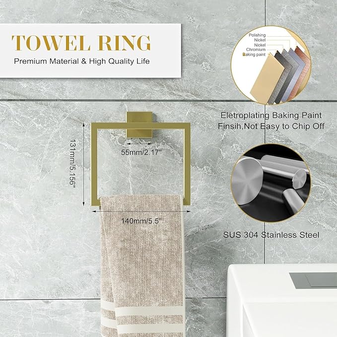 Bathroom Accessory Towel Bar Set: 20 Pieces Gold Bathroom Hardware Square SUS304 Stainless Steel - Wall Mounted Towel Rack&Toilet Paper Holder&Towel Ring and Towel Hook