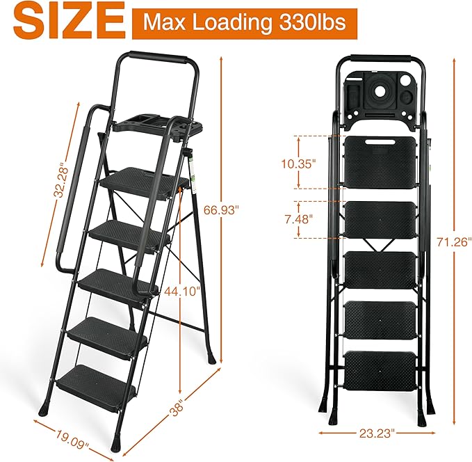 5 Step Ladder, Protable Steel Folding Stool with Wide Anti-Slip Pedal, Tool Platfor, Sturdy Steel Ladder, Black