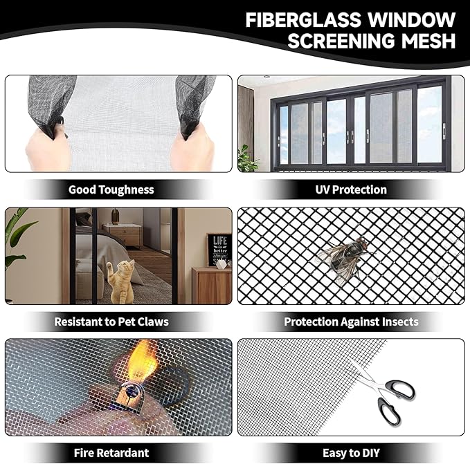 Window Screen Door Repair/Replacement Kit,48" x178" Adjustable Durable Fiberglass Window Screen Mesh,with Spline/Roller/Hook/Clips Screen Door Repair Kit,DIY Window,Porch Sliding Door(Black)