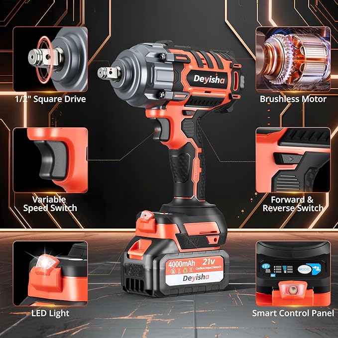 1500N.m (1100Ft-lbs) Cordless Impact Wrench 1/2" Brushless High Torque Impact Wrench with 2x 4.0Ah Batteries, 6 Sockets for Car, RV, Truck Wheel Lug Nuts