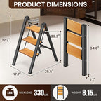 GameGem 3 Step Ladder, Aluminum Folding Step Stool with Anti-Slip Sturdy and Wide Pedal, Lightweight Portable Stepladder for Home and Kitchen Use Space Saving, 330 lbs, Black Woodgrain
