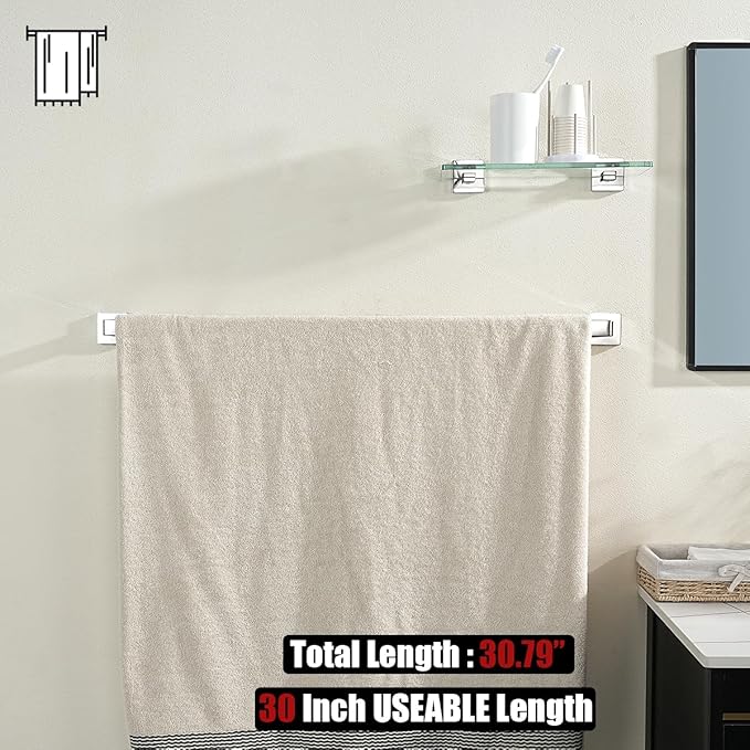 JQK Polished Towel Bar, Rounded Edges 32.36 Inch Towel Rack, 304 Stainless Steel Bathroom Wall Mount, Useable Length 30 Inch, TB250L30-CH