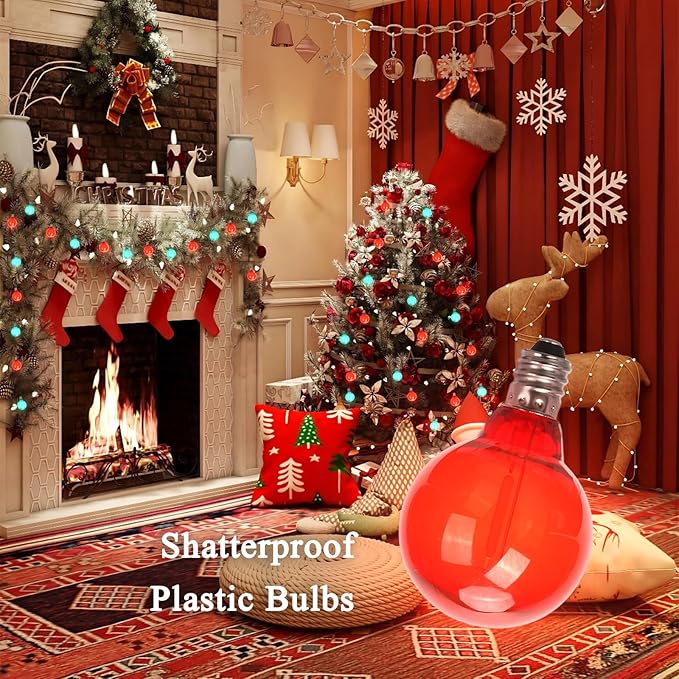 24Pack G40 Christmas LED String Lights Bulbs, E12 Screw Base Shatterproof Red & Green Bulbs for Outdoor Holiday Decor 120V 0.6W Dimmable Equivalent to 7W, Christmas Tree & Patio Lighting
