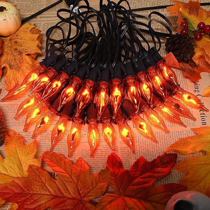 27.8Ft Fall Decor Flickering Flame String Lights Orange Halloween Lights with 25+2 Pack C7 Orange Flame Light Bulbs, Flame String Lights for Fall Halloween Decorations for Home Mantel Party Garden