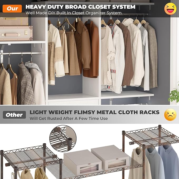 Armocity 5FT Small Closet System with 3 Fabric Drawers, 60 Inches Walk In Closet Organizer System With 3 Adjustable Shelves, Heavy Duty Clothes Rack Built-In Garment Rack, 59" L x 16" W x 71" H, White