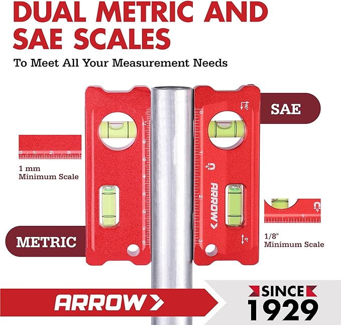 ARROW 4-Inch Torpedo Level, Small Magnetic Leveler Tool with 0°/90° Bubbles, Top-view Window, Aluminium Alloy Frame, Dual SAE and Metric Scales
