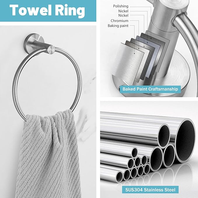 Bathroom Hardware Set, 6-Piece Towel Bar Set Brushed Nickel Towel Holder Set Includes 19.68/23.6 in Towel Bar,Toilet Paper Holder,Towel Ring and Towel Hook Wall Mount Bathroom Accessories Set