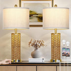 27" Natural Rattan Table Lamps Set of 2, Boho Bedside Lamp for Bedroom with Night Light, Woven Wicker Nightstand Lamps with 2 USB Ports & AC Outlet, Tall Farmhouse Living Room Lamp, Gold