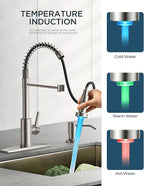 FORIOUS LED Kitchen Faucet with Pull Down Sprayer, Brushed Nickel Modern Single Handle Stainless Steel Commercial Spring Sink Faucet with LED Light for Pot Filler, Farmhouse Camper Bar Laundry Room