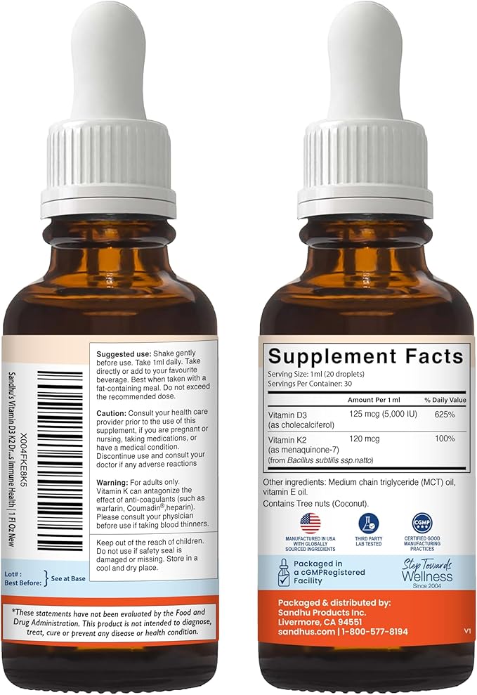Sandhu's Vitamin D3 K2 Drops for Adults | 5000 IU D3 Liquid, 120mcg K2 Supplement 1 Fl Oz (Pack of 2) | D3K2 Supports Superior Absorption, Energy, Immune, Muscle Health for Men & Women