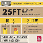 25 Ft Outdoor Extension Cord with 3 Power Outlets - 15 Amp 10/3 SJTW Heavy Duty Yellow 10 Gauge Lighted Electrical Cable with 3 Prong Grounded Plug