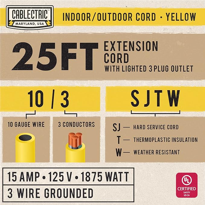 25 Ft Outdoor Extension Cord with 3 Power Outlets - 15 Amp 10/3 SJTW Heavy Duty Yellow 10 Gauge Lighted Electrical Cable with 3 Prong Grounded Plug