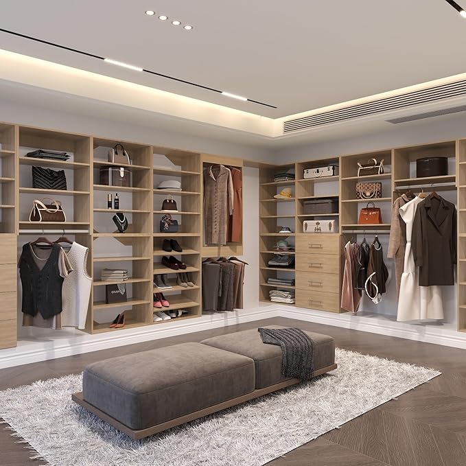 Modular Closet System, 61" Wide Closet Organizer System with Towers and Hanging, Wood Closet Tower Storage for Walk In Closets, Wall Mounted Wardrobe Organizer Kit System, Bedroom, Wood