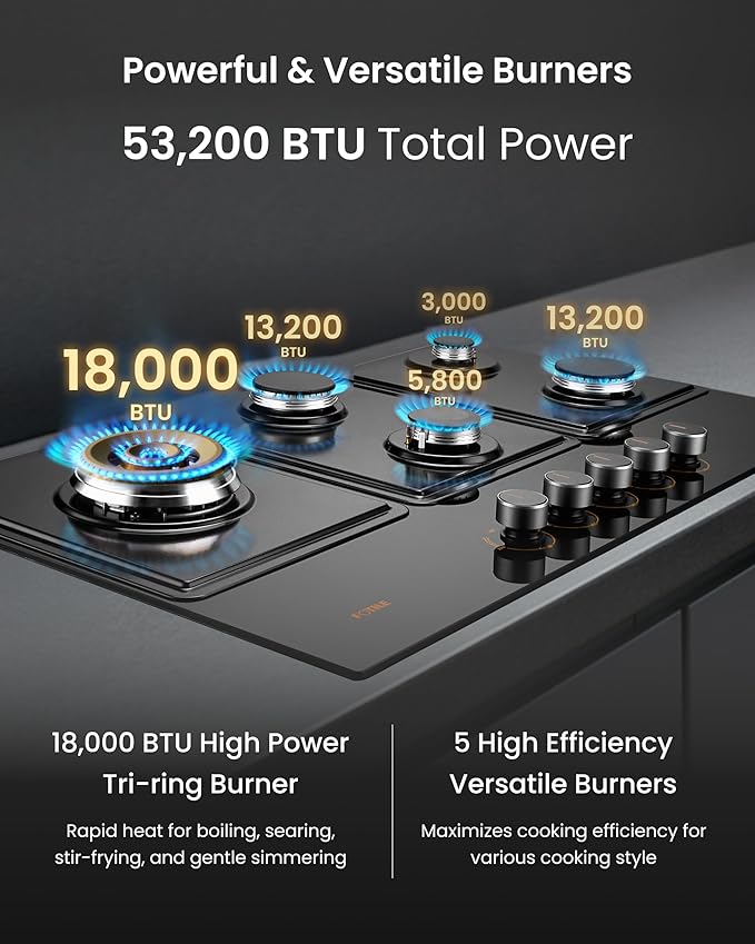 FOTILE GLG36501 36” Black Tempered Glass 5-Burner Gas Cooktop, Tri-Ring 18,000 BTUs Left Burner with Flame Failure Protection Removable Grates and Installation/LP Kit