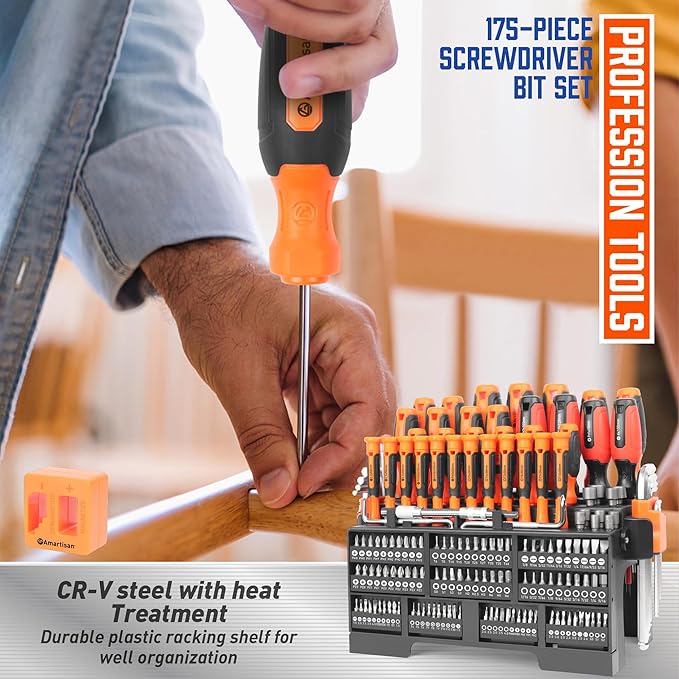 Amartisan 175-piece Magnetic Screwdrivers Set Plastic Racking, DIY Tools Set Tools for Men Tools Gift, Includs Precision screwdriver, Magnetizer, Key Set, Nut Driver and Bit Set