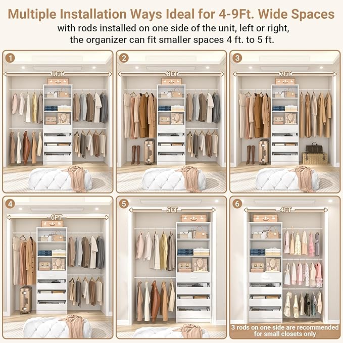 Aheaplus Closet System Set of 2, 4-9Ft Wood Closet Organizer with Drawers & Shelves, Closet Organizer System with 8 Hanging Rods, Walk-in Closets Organizer Wardrobe Closet Rack, White