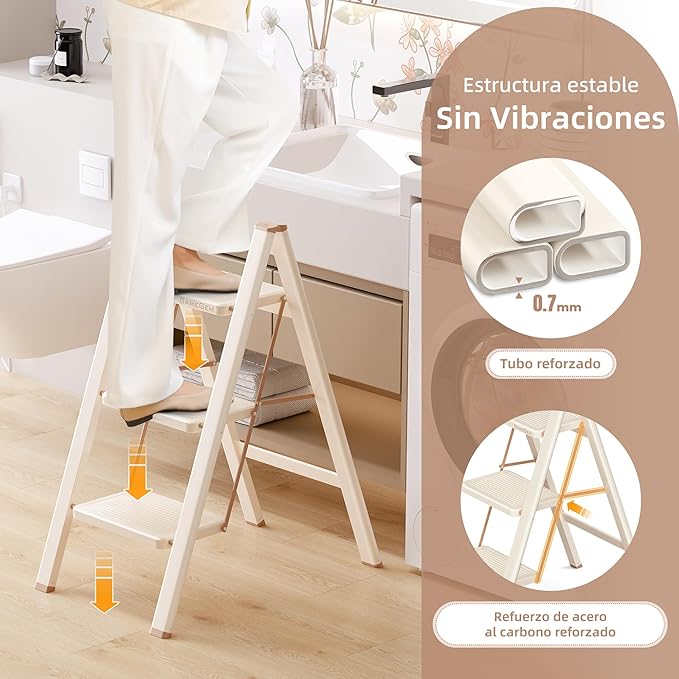 GameGem 3 Step Ladder Folding Step Stool with Wide Anti-Slip Pedal, 330LBS Capacity, Lightweight Portable Stepladder for Home and Kitchen Use, Cream Chocolate