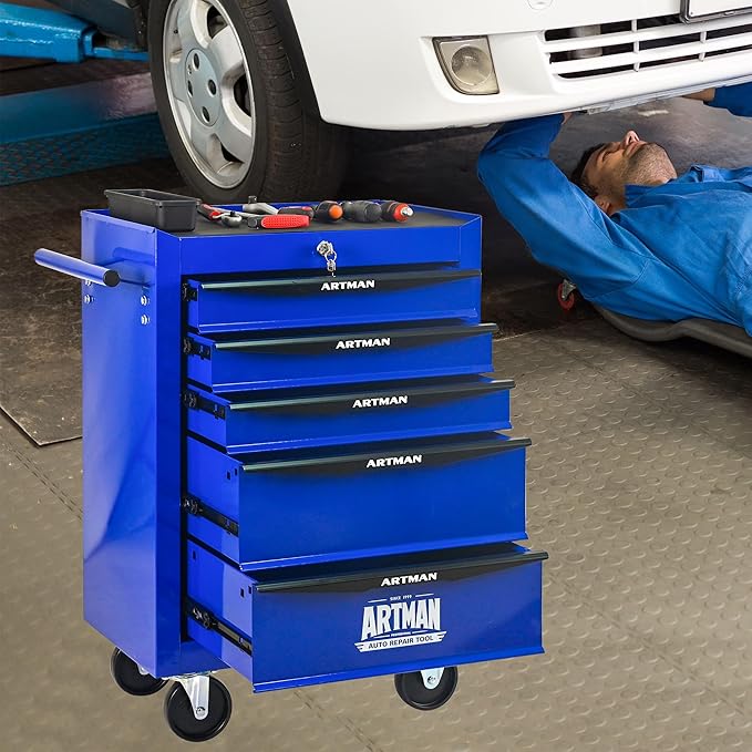 5 Drawers Rolling Tool Box on Wheels, Multifunctional Tool Chest Cabinet with Lock, Drawers Rolling Tool Cart Trolley Organizer Tool Storage Case for Warehouse,Garage,Workshop (Blue)