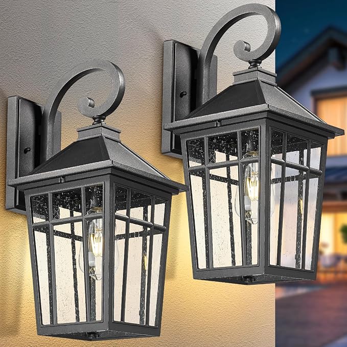 Darkaway Large Outdoor Wall Lights for House, 18inch Exterior Lighting Fixtures 2pcs Wall Mount Outdoor Porch Lights Black Outdoor Sconce Lights with Seeded Glass for Hallway Garage