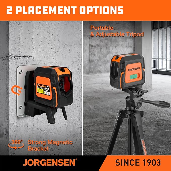 JORGENSEN Laser Level with Tripod & 2 Plumb Dots, 100 FT Self Leveling Point Cross Line Laser Leveler Tool, Wide Angle Green Laser Level for Picture Hanging, Indoor Project, Construction, Carry Bag