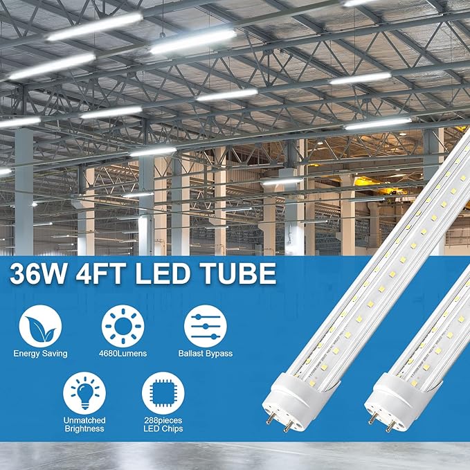 T8 LED Bulbs 4 Foot, 25-Pack 4FT LED Shop Light Tubes, 36W 4680LM 5000K Daylight White, T8 T10 T12 Fluorescent Replacement Bulbs, High Output V-Shaped, Remove Ballast, Double Ended Power