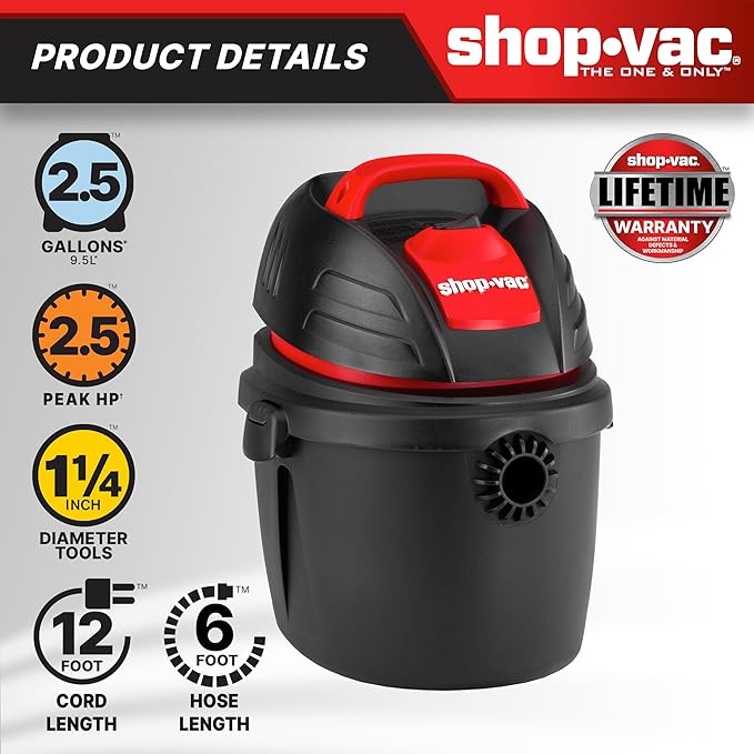 Shop-Vac 9303511 2.5 Gallon Wet Dry Vacuum, 2.5 Peak HP, 1.25 Inch Diameter x 4 Foot Hose, 12 Ft Cord Length, Wall Mounted, Includes Filters, Ideal for Jobsite, Garage, Car & Workshop