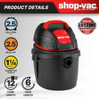 Shop-Vac 9303511 2.5 Gallon Wet Dry Vacuum, 2.5 Peak HP, 1.25 Inch Diameter x 4 Foot Hose, 12 Ft Cord Length, Wall Mounted, Includes Filters, Ideal for Jobsite, Garage, Car & Workshop