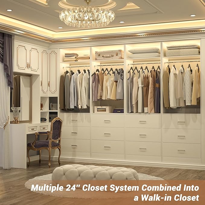 Freestanding 2FT Closet System with 3 Wood Drawers, 24" Closet Organizer System with Hanging Rod & Shelves, Walk-in Closet Systems for Small Closets, White (24"L x 15" W x 80" H)
