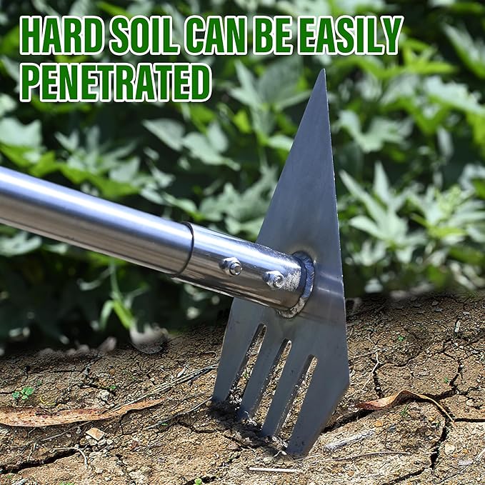 4-in-1 Garden Hoe Tool and Weeder, 56 Inch Ergonomic Long Handle Cultivator with Sharp Stainless Steel Blade, Heavy Duty Garden Hand Tiller for Weeding, Digging, Loosening Soil,Removing Moss