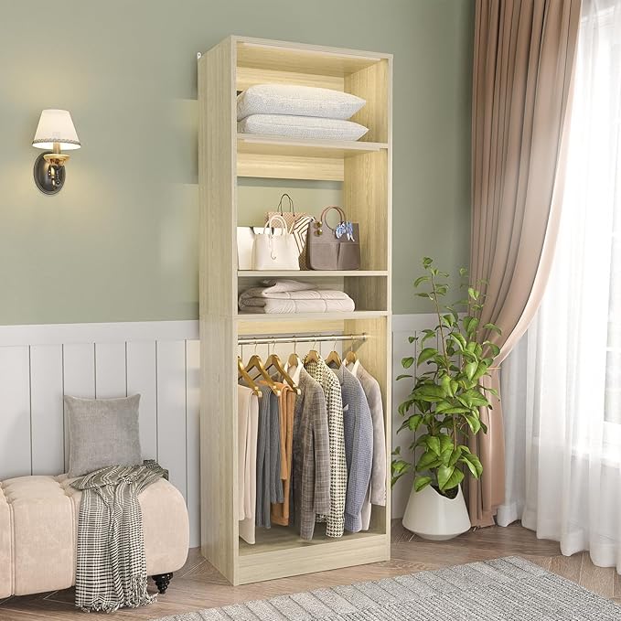 Unikito 25” Closet System, Freestanding Closets Organizer Wardrobe with Hanging Rods and Shelves, Adjustable Clothes Garment Racks, Sturdy Walk in Closet Tower, 25"W x 16"D x 80"H, White Oak