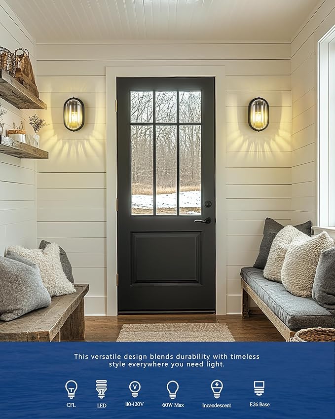 FEMILA 11" Oval Bulkhead Exterior Wall Sconce, 2 Pack Wall Light & Ceiling Flush Mount, Aluminum, Ripple Glass, Front Porch Light for Patio/Garage/Entry, 4FYX104FL-2 BK SW