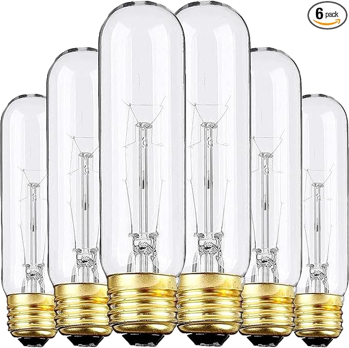 6 Pack T10 Tubular Light Bulbs, 25W Bulb, Clear Incandescent, E26 Medium Base, Warm White, Dimmable Vintage Tubular Style Showcase Bulb