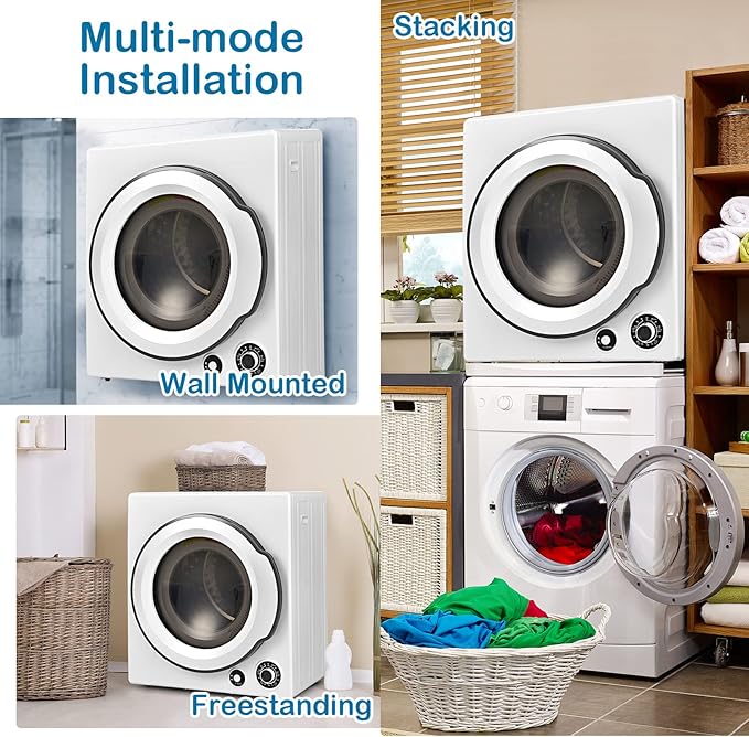 LDAILY Laundry Dryer, Electric Clothes Dryer with Timer, 2 Heating Options, 4 Drying Modes & Cold Air Care Function, Compact Dryer with Stainless Tub, Multi-layer Filtration for Home 1350W, White