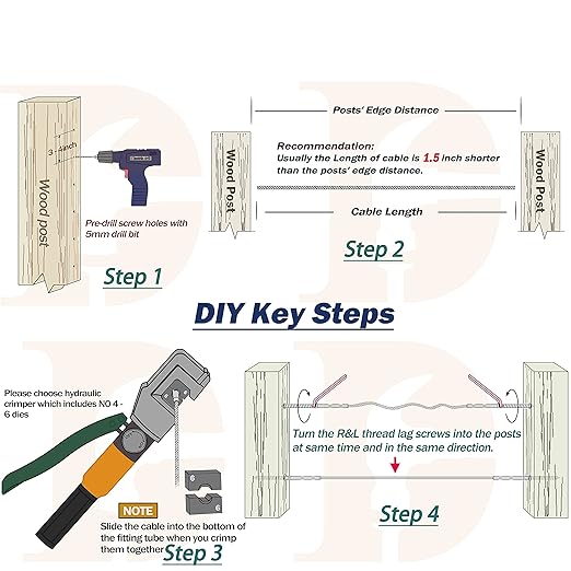 10 Pairs Left&Right Handed Thread Lag Screws for 1/8" Decking Cable Railing Kit/Hardware, Non-Turnbuckle System, Silver