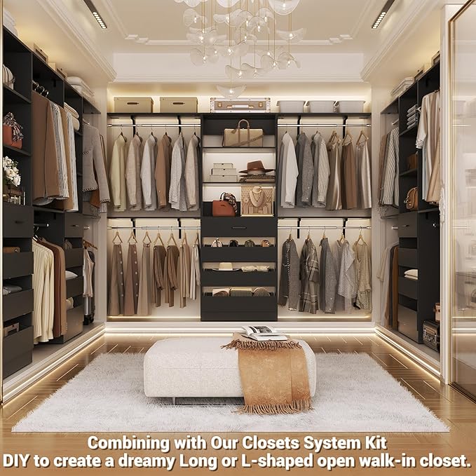 Aheaplus Closet System with Drawers Set of 2, Wood Closet Organizer System with 8 Hanging Rods & Top Shelves, Walk-in Closets Organizer Wardrobe Clothes Rack System, Cut Fits Spaces 4-9FT. Wide, Black